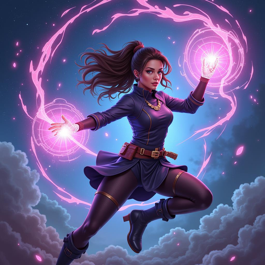 Zoe in a dynamic pose, casting a spell