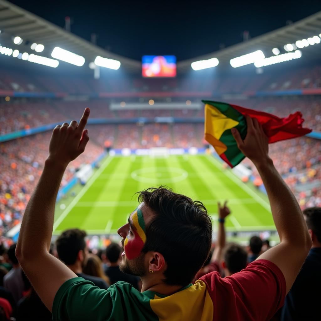 A passionate football fan cheering in a crowded stadium