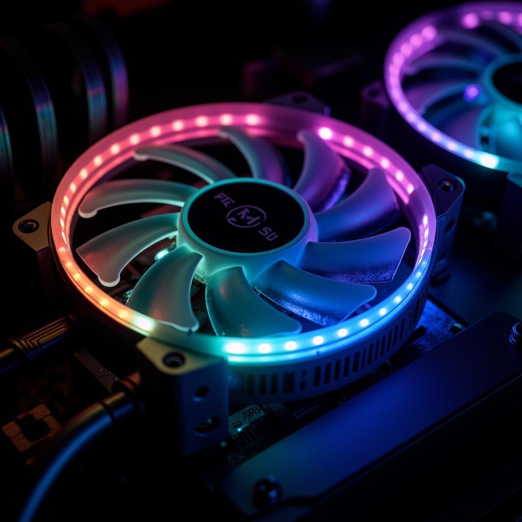 Close-up view of 1stplayer RGB Fan Fire Dancing G2 showcasing its vibrant lighting and intricate design.