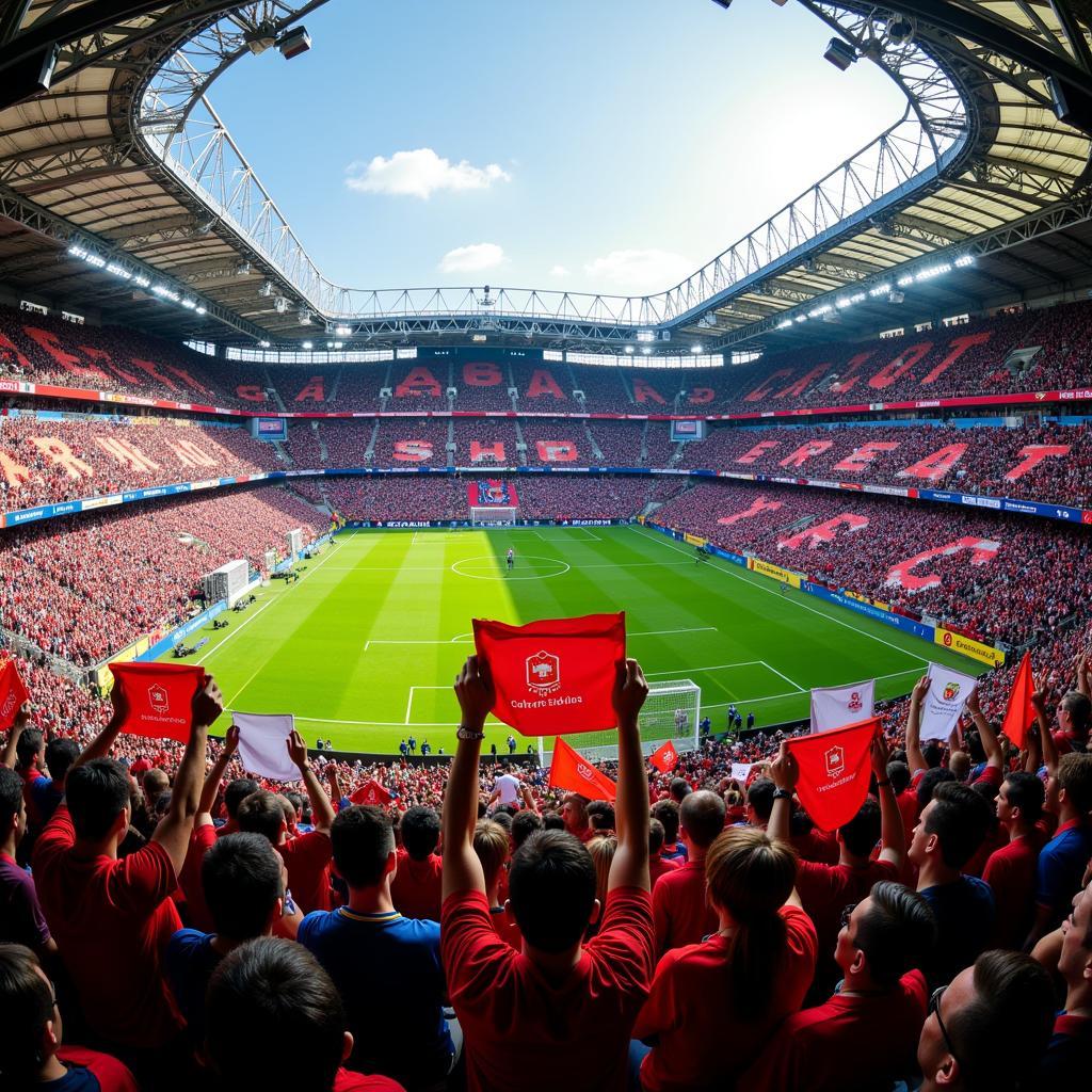 A panoramic view of a stadium with fans holding up various 90x90cm banners, creating a vibrant and colorful atmosphere.