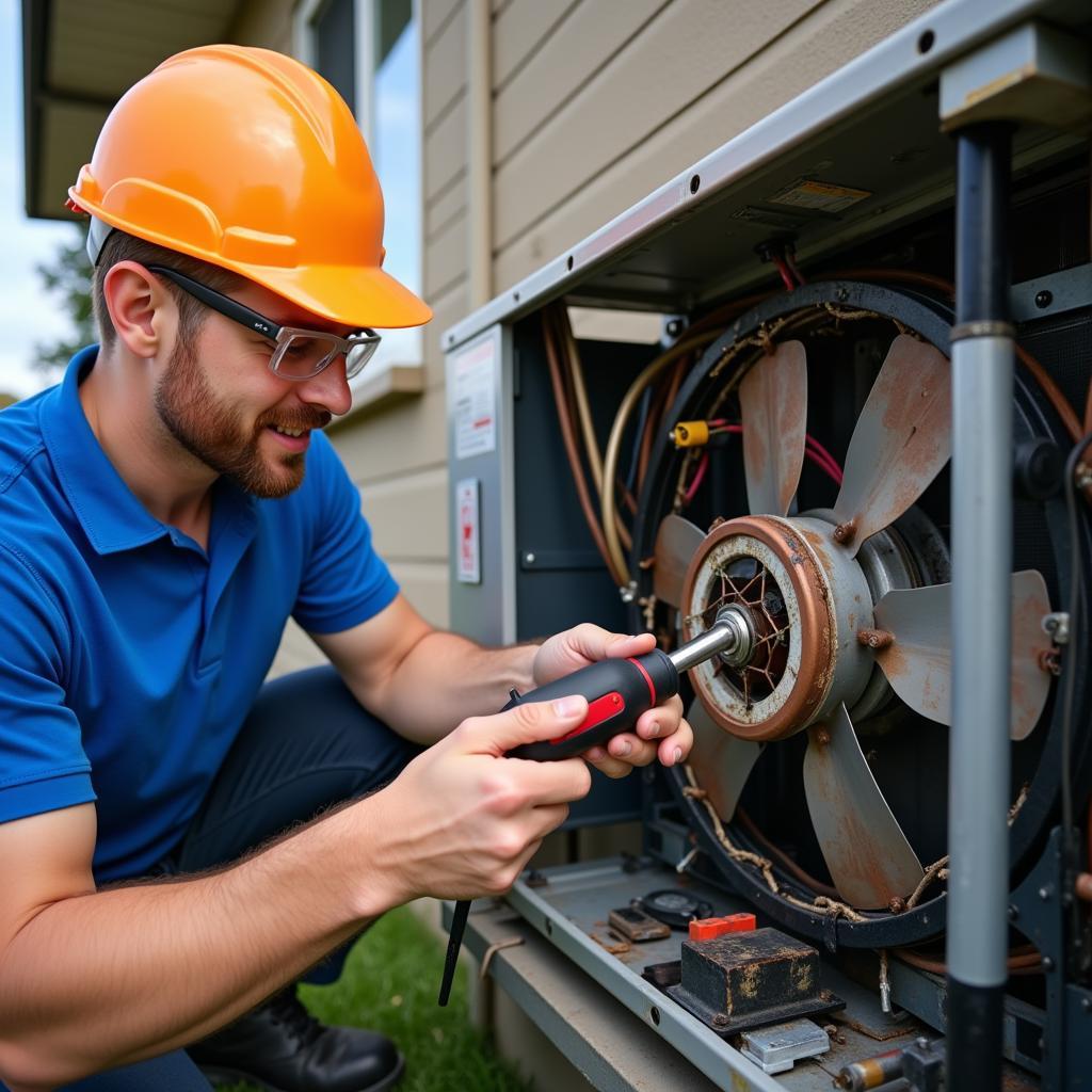 AC Technician Repairing Fan Motor: A technician working on an air conditioner unit, focusing on the fan motor.