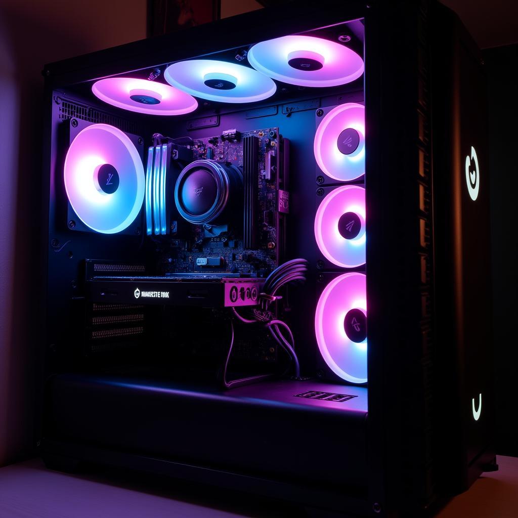 AIGO ring fans installed in a PC case, illuminating the internal components with vibrant RGB lighting.