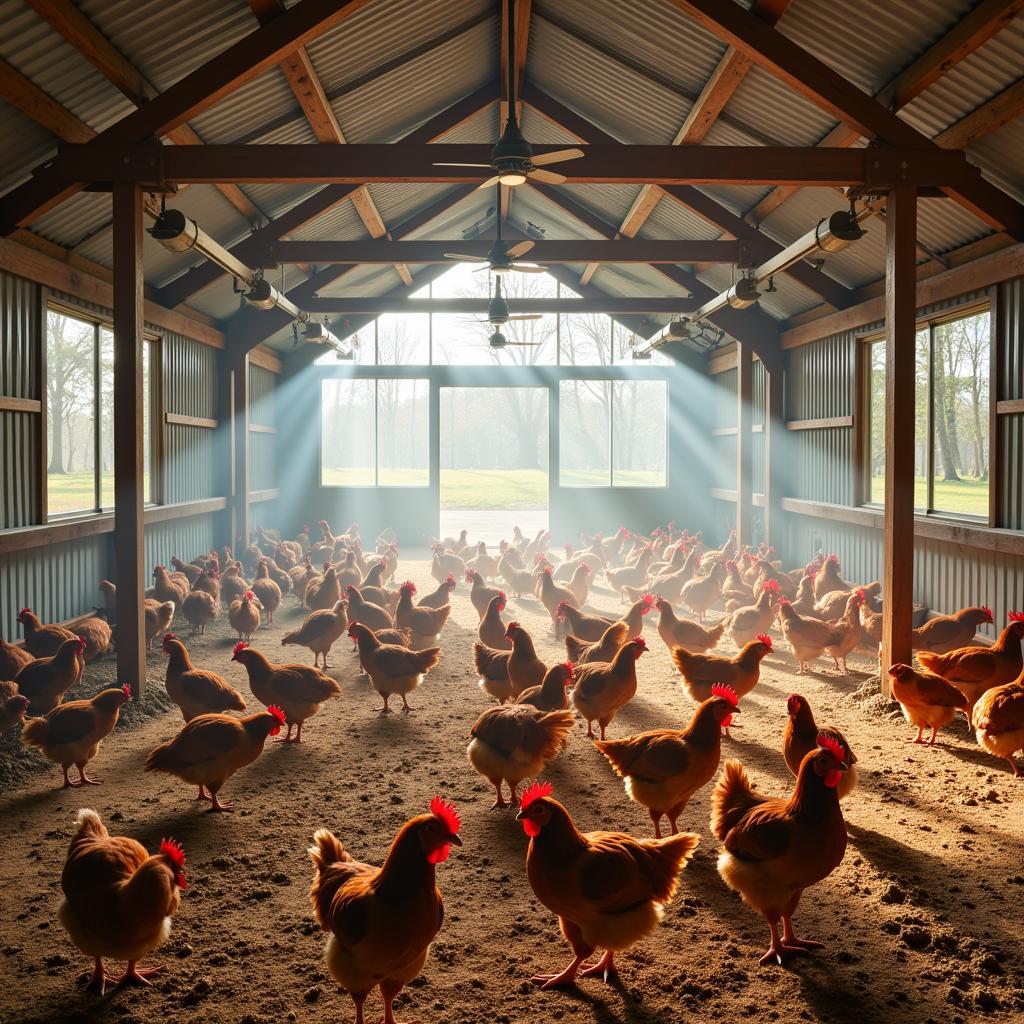 Air Convection Fan Shed Interior: Showing fans and healthy chickens