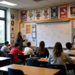 Students with Amee and football posters in a classroom