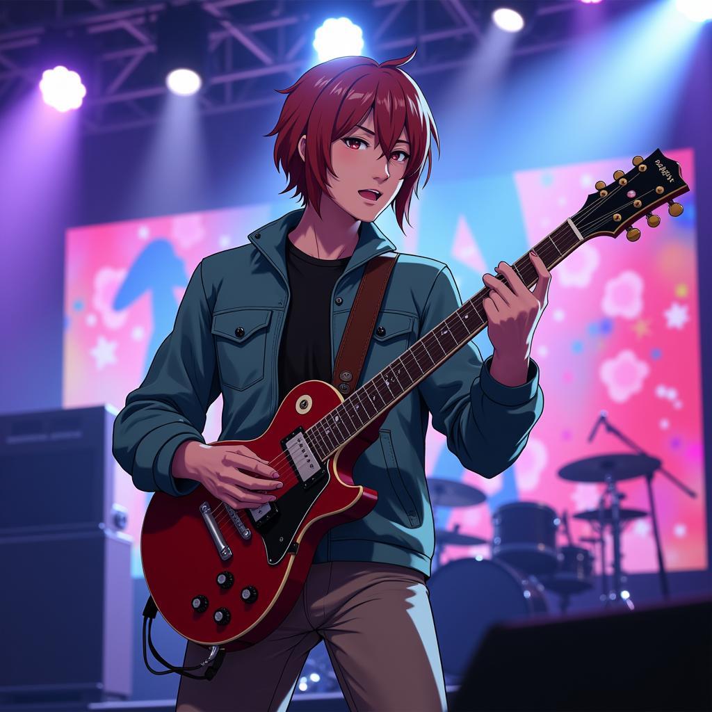 Anime Fan Playing Electric Guitar on Stage