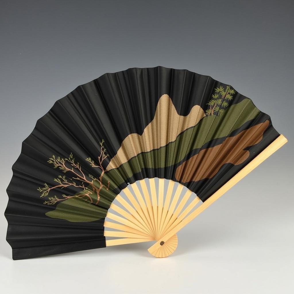 Antique Japanese ladies folding black silk fan with landscape painting.