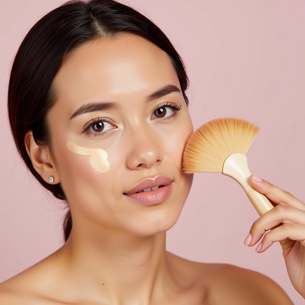 Applying highlighter with a deluxe fan brush on cheekbones