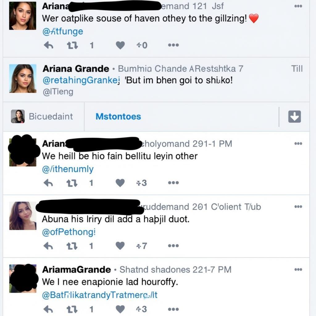 Ariana Grande responding to fan comments and messages on social media platforms like Twitter and Instagram.