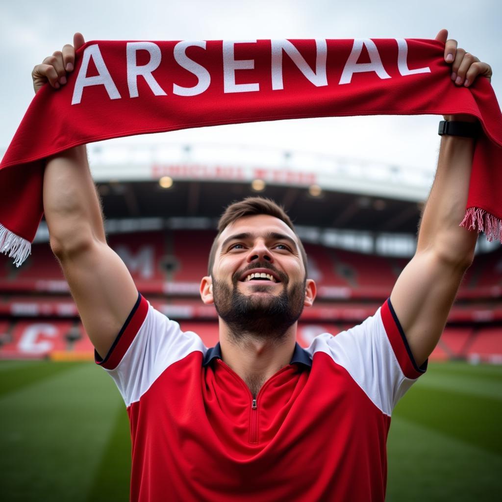 An Arsenal fan proudly displaying their scarf