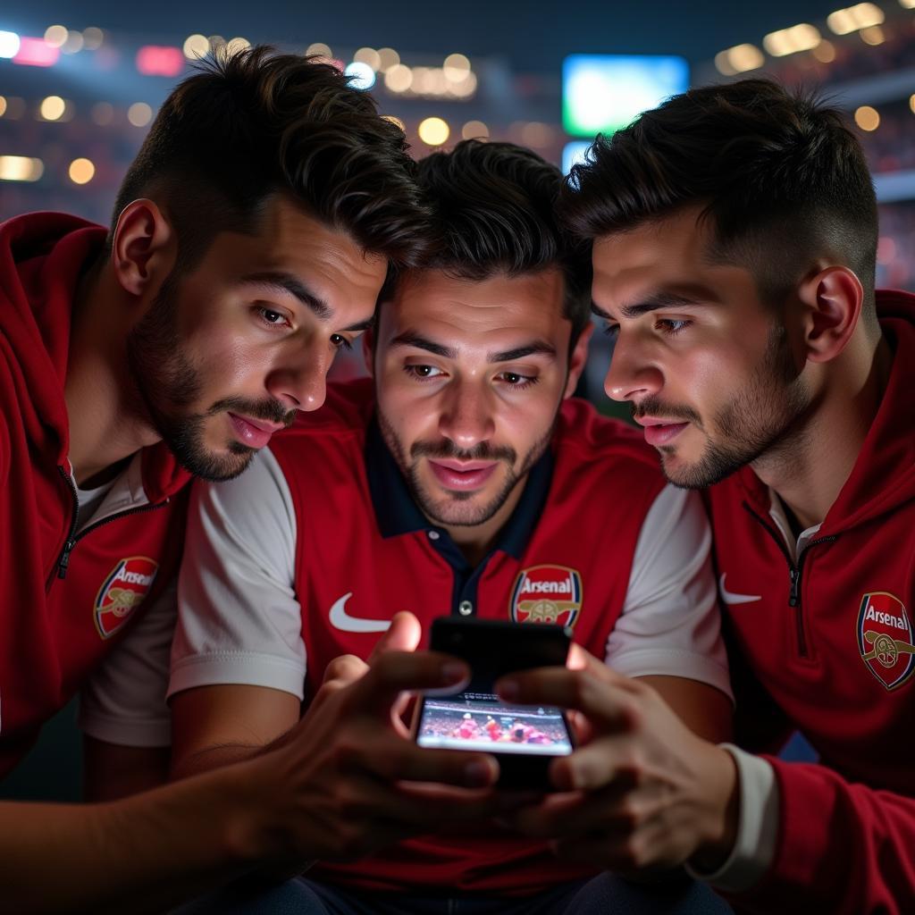 Arsenal fans watching a match on a mobile phone