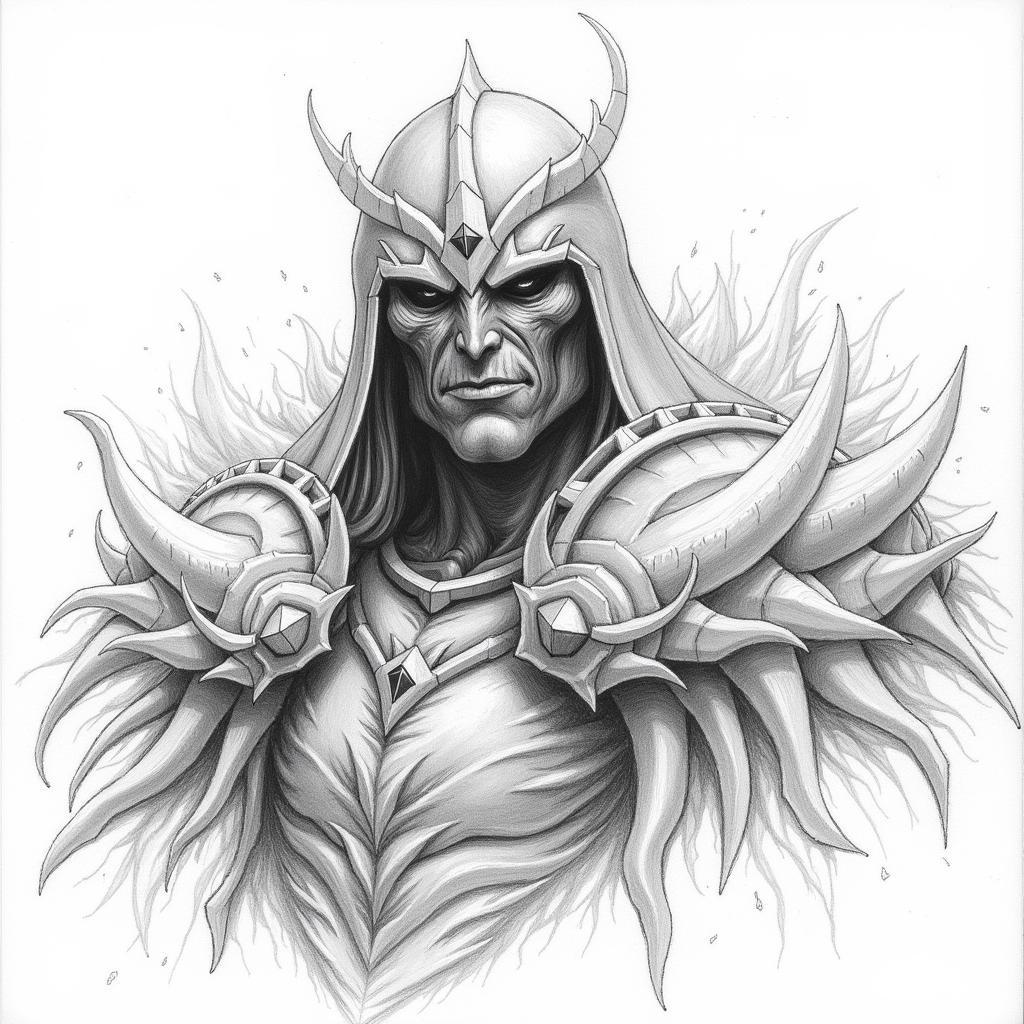 Pencil sketch of Arthas as the Lich King, radiating an aura of icy power.