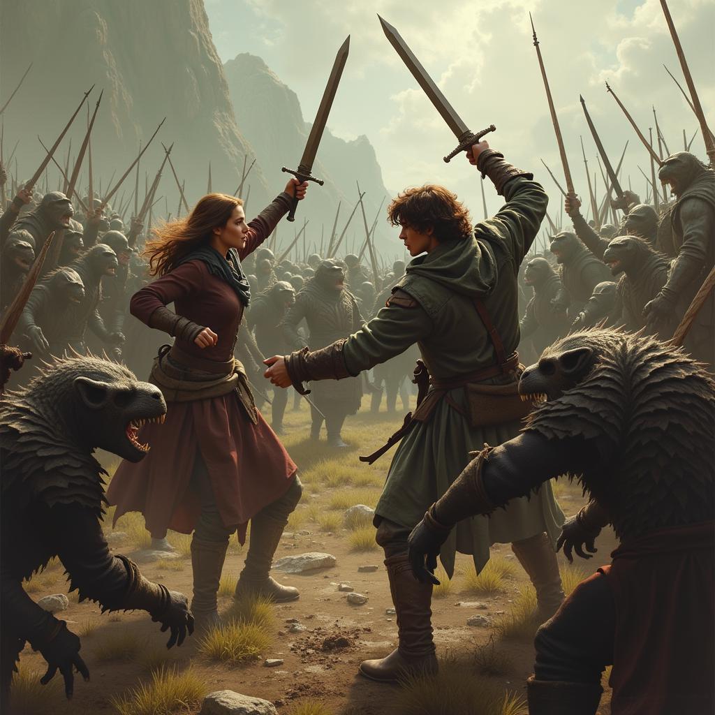 Arya and Eragon fight together against Urgals