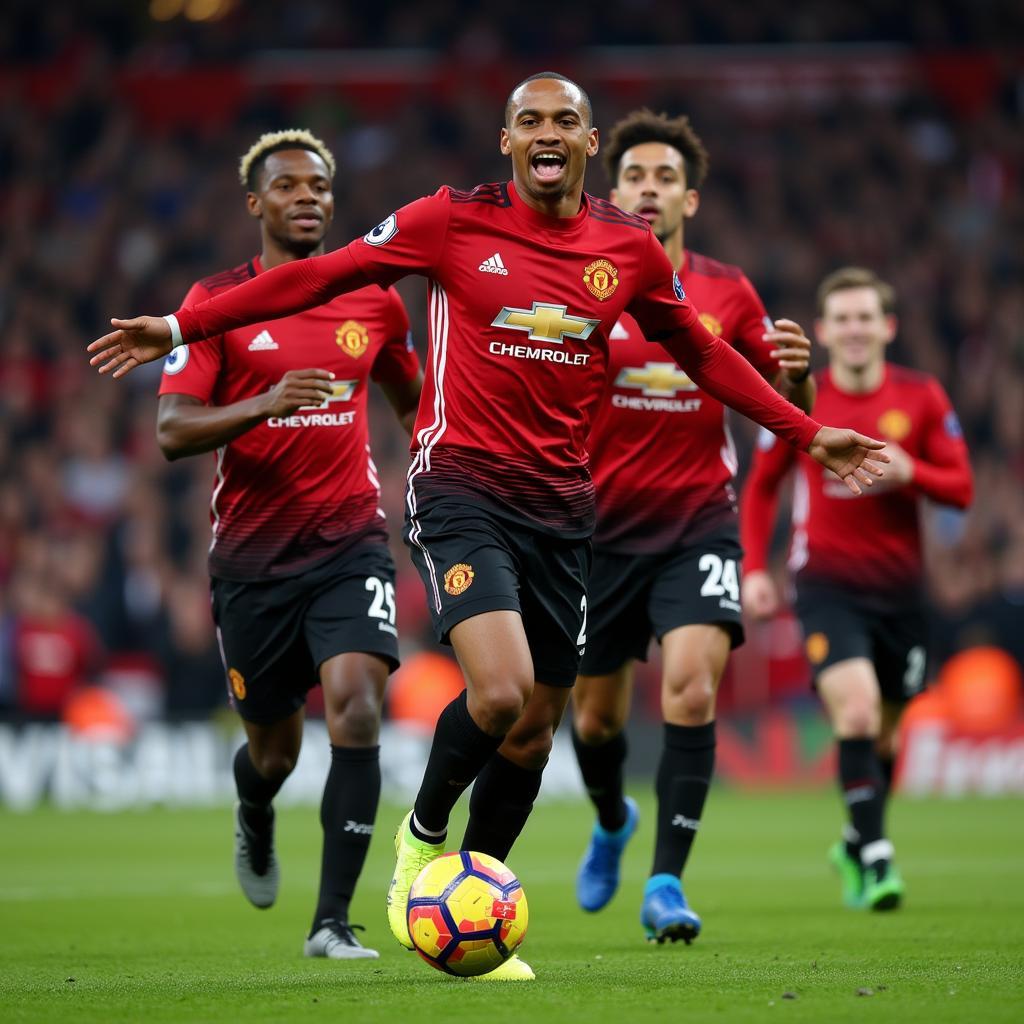 Ashley Young celebrating a goal with Manchester United teammates