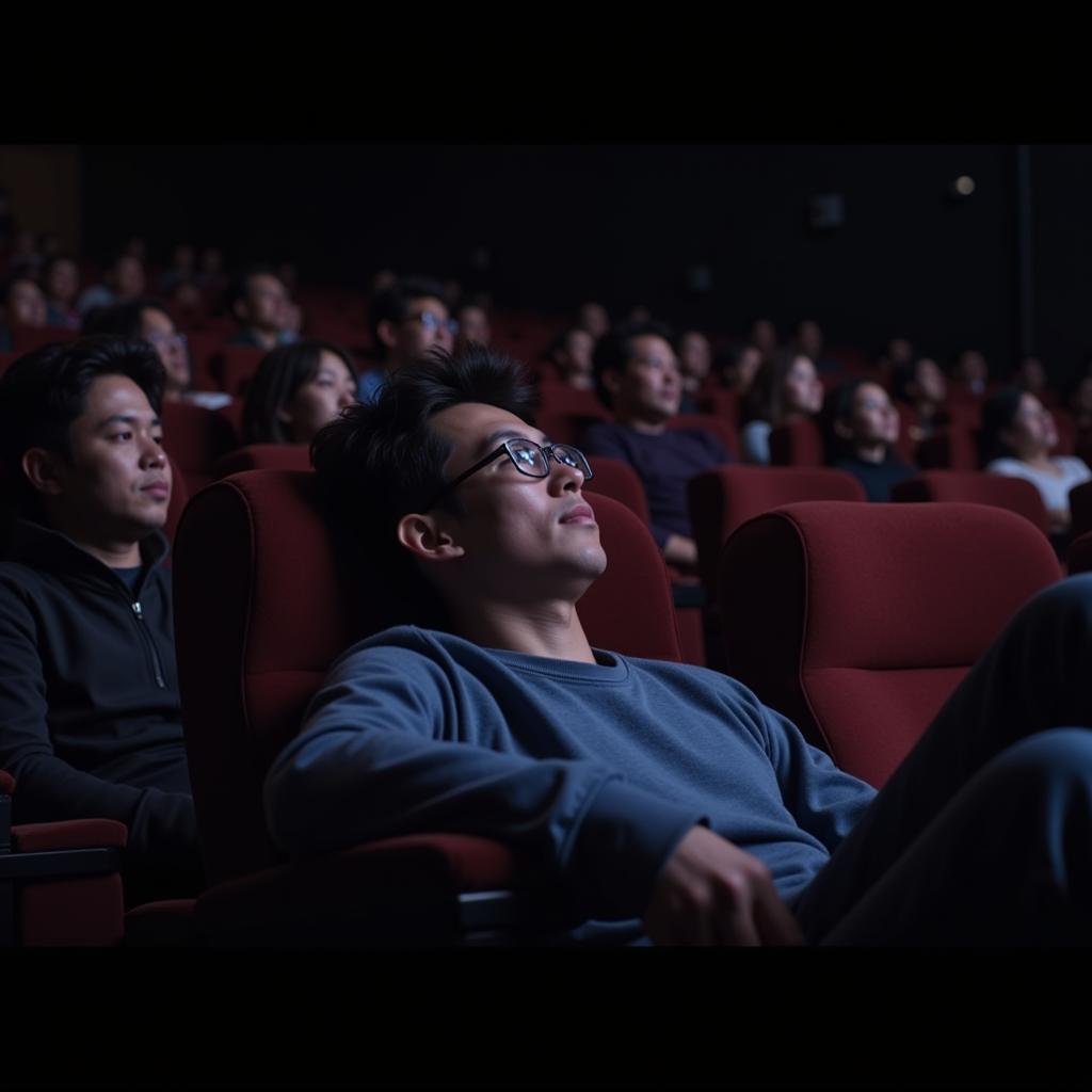 Asian fan enjoying a movie in a comfortable, relaxed posture