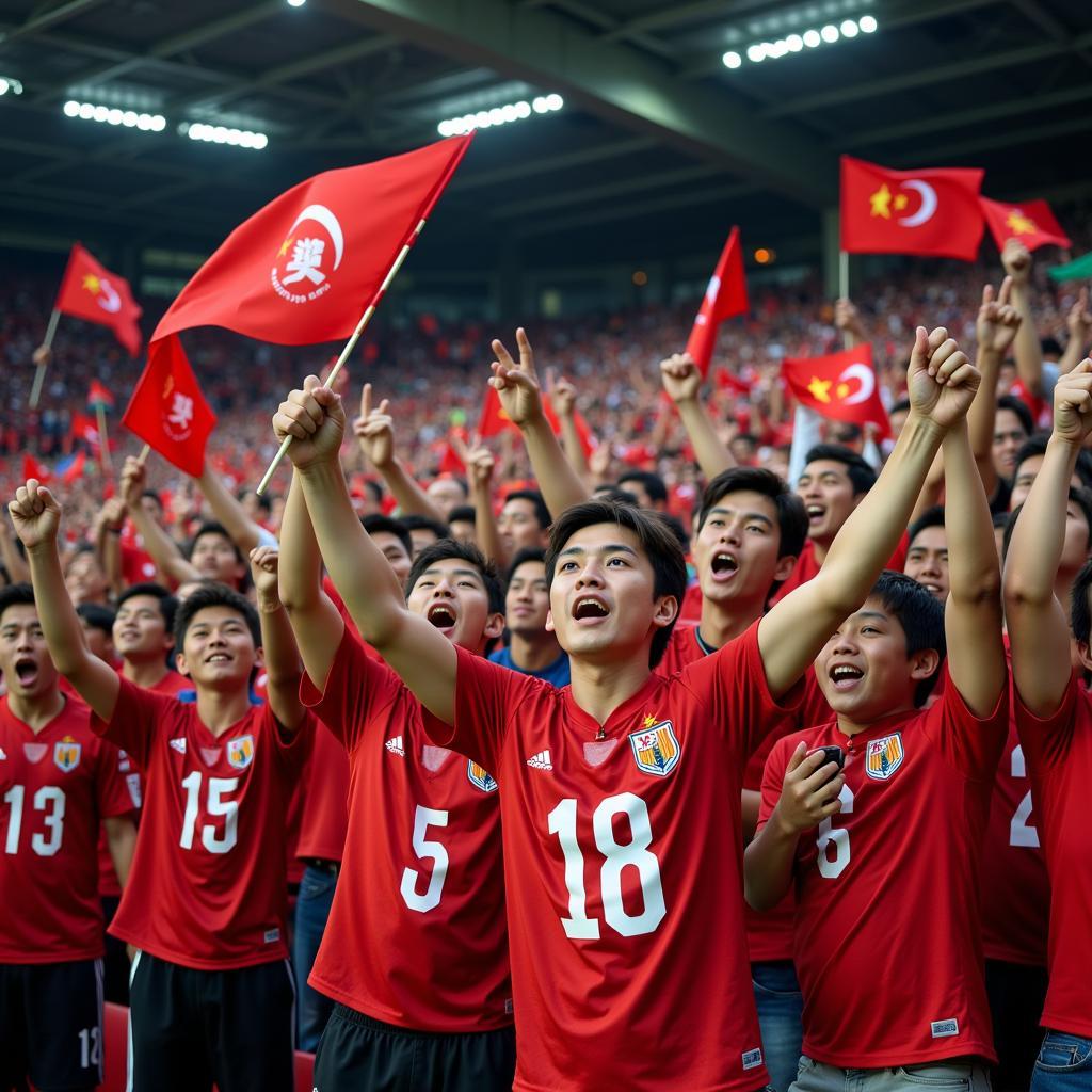 Asian Male Football Fans Cheering in a Stadium