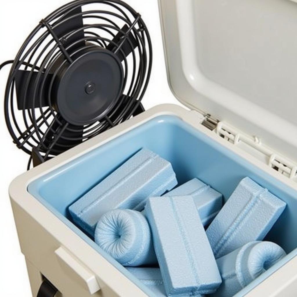 Assembled cooler fan with ice packs inside