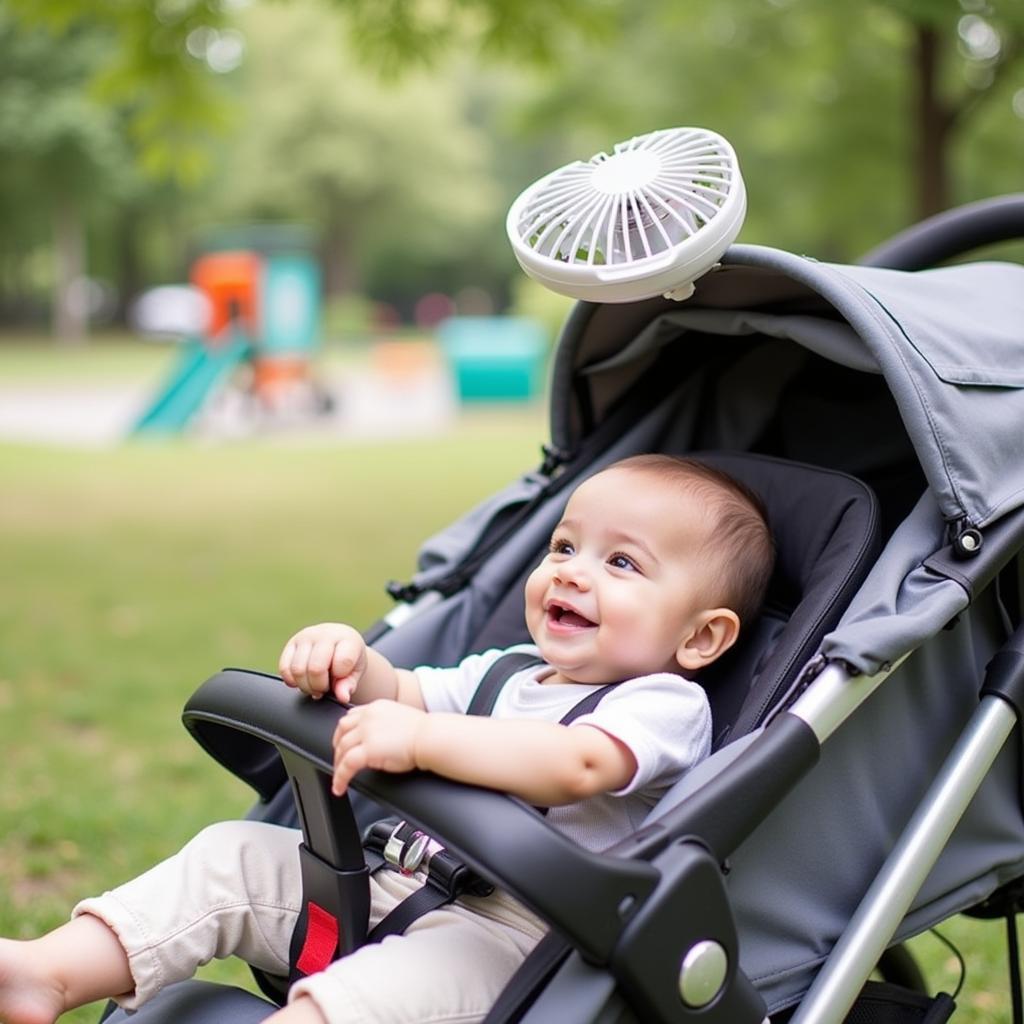 Baby enjoying a stroller ride with a fan providing a cooling breeze