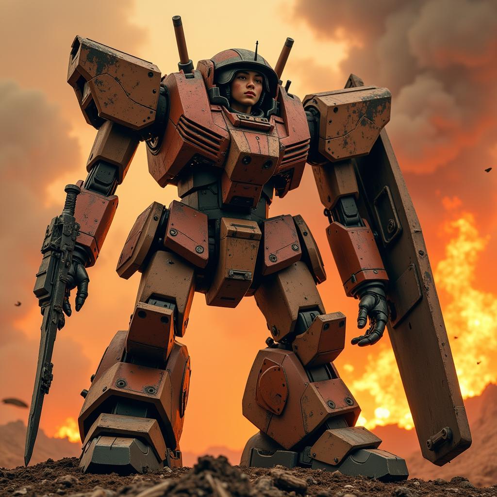 Battle-Damaged Mecha in Fiery Landscape