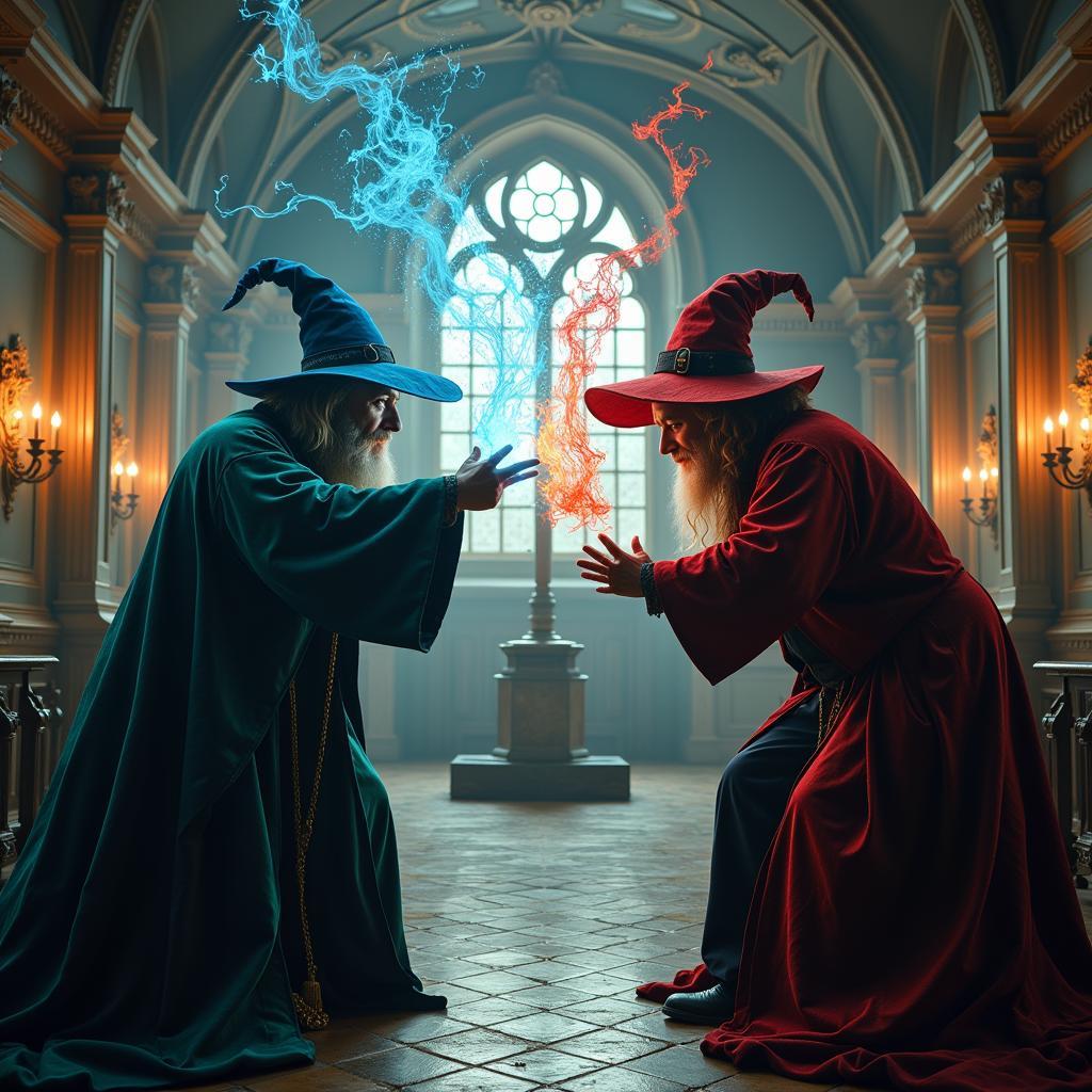 Intense Magical Duel between Two Wizards at the Ministry