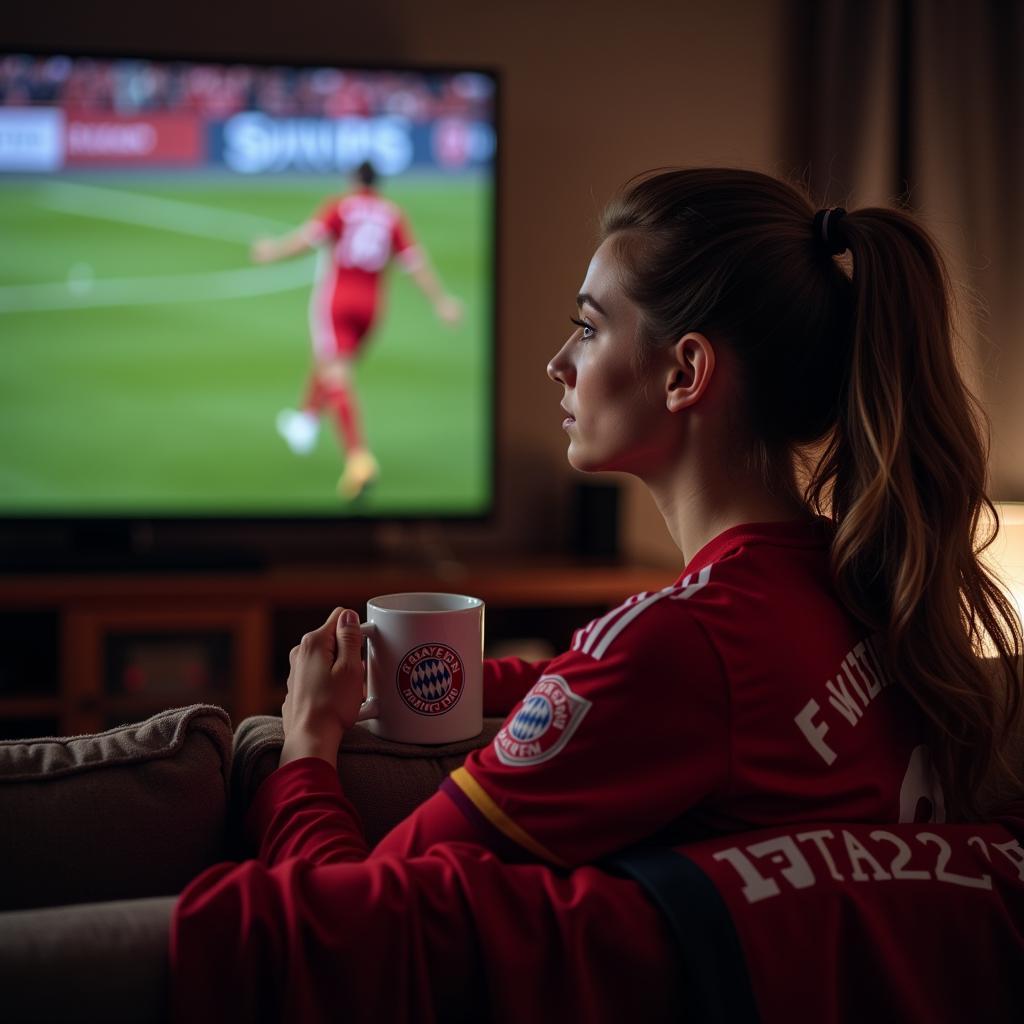 Fans girl watching a Bayern Munich match at home