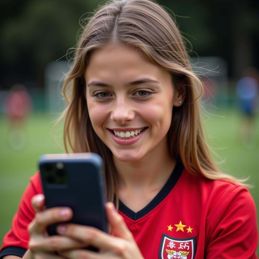 Beautiful Girl Football Fan Posting on Social Media