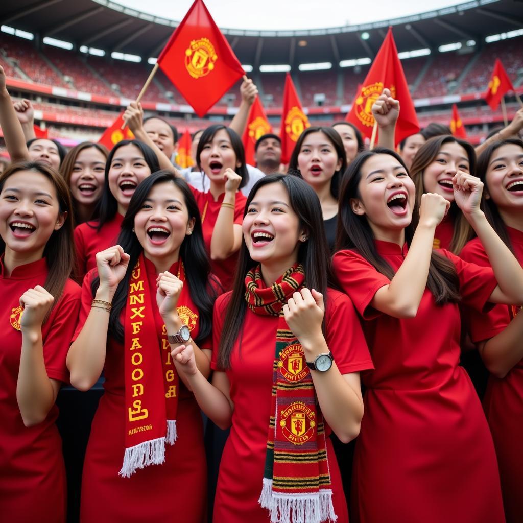 Beautiful girls in Ao Dai cheering for Manchester United