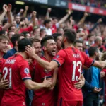 Footballers Celebrating with Fans