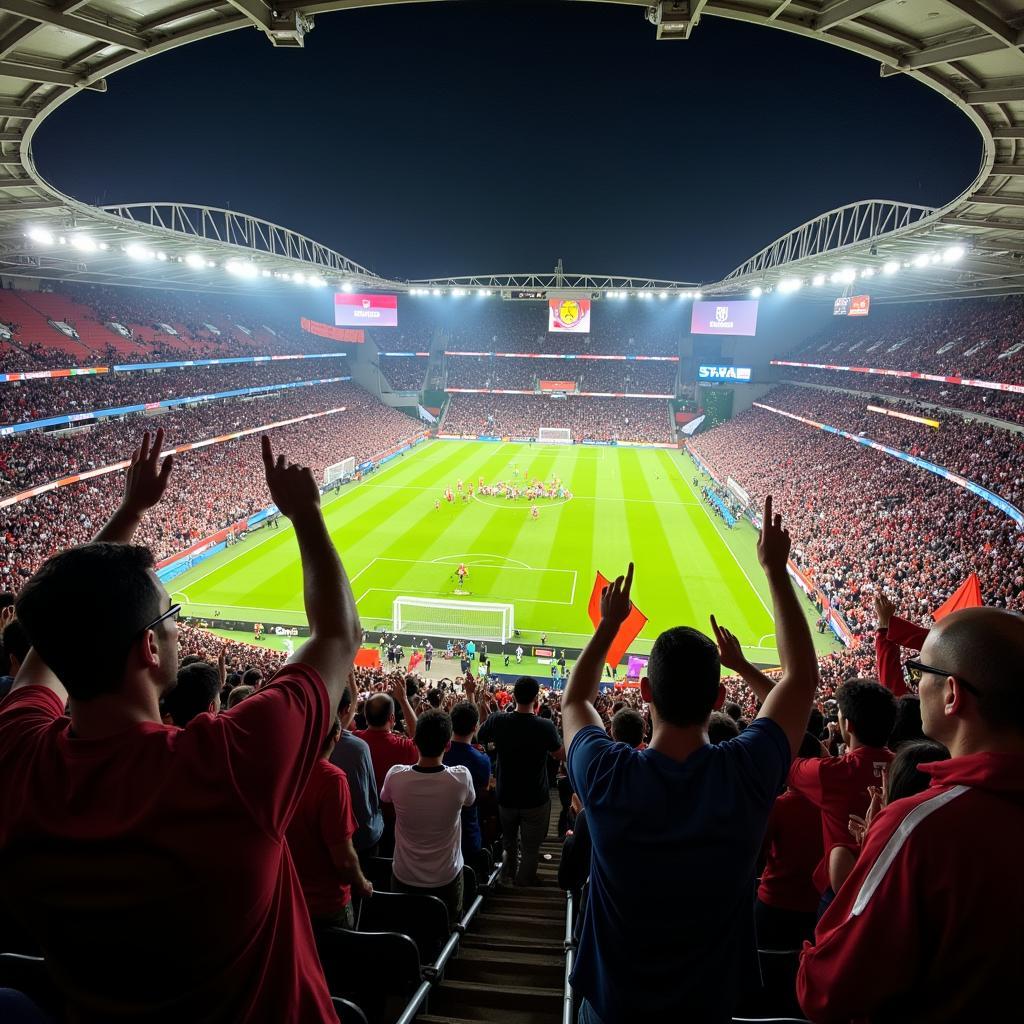 A crowd of football fans cheering enthusiastically in a packed stadium, waving flags and banners of their team.