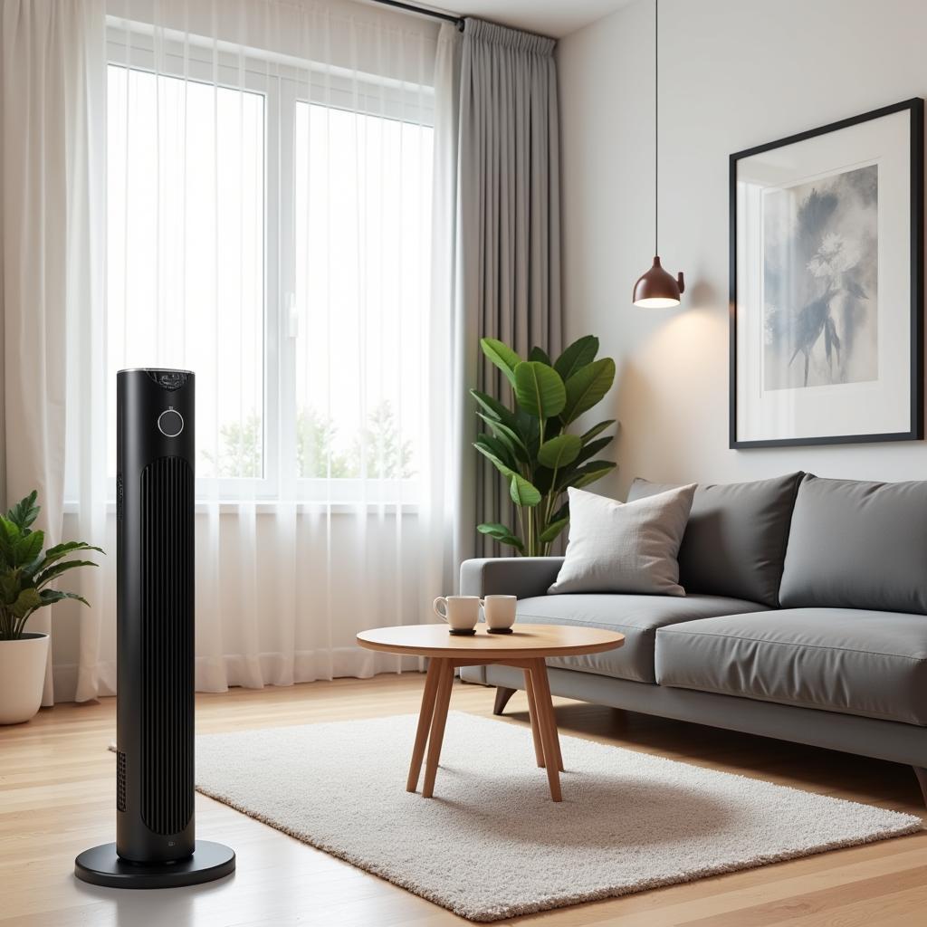 Black tower fan in a modern living room