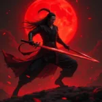 Blood Moon Master Yi in a dynamic pose, showcasing his iconic blade and the eerie crimson glow of the Blood Moon.