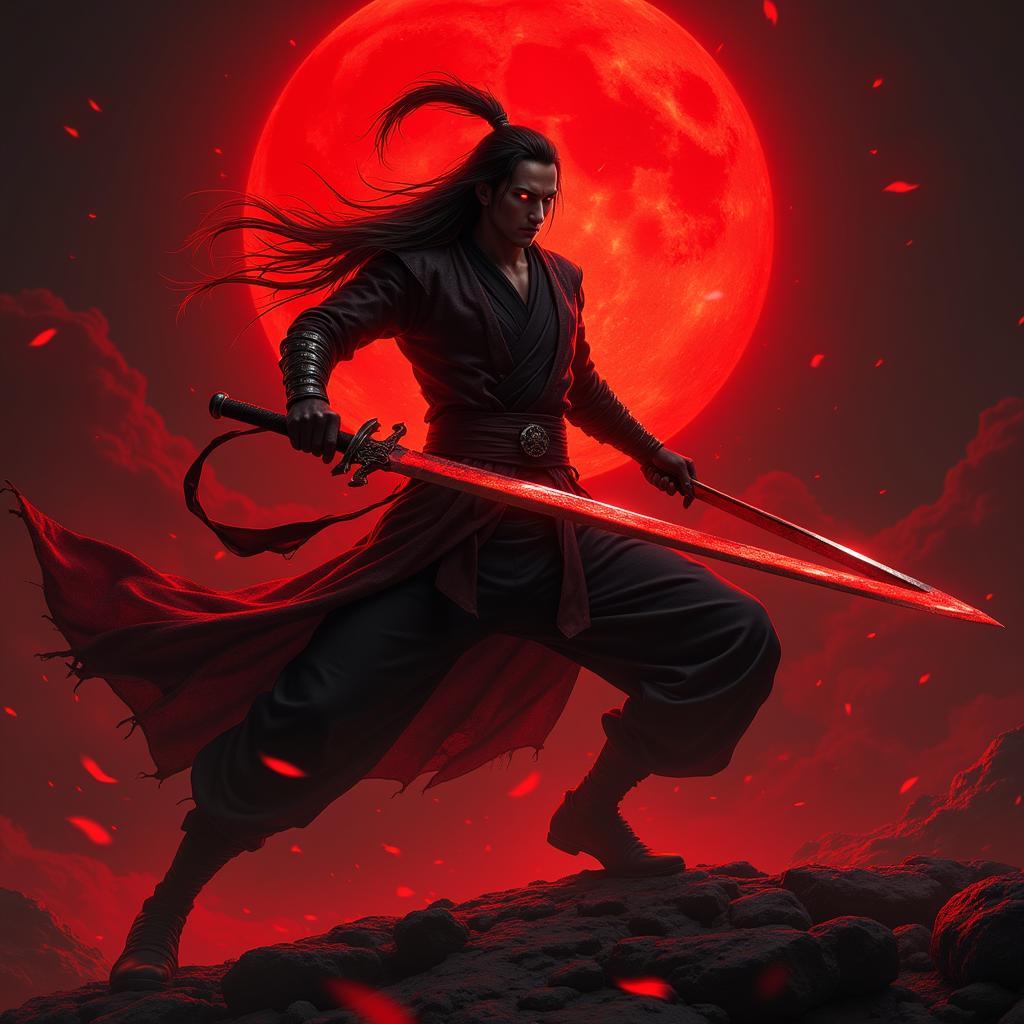 Blood Moon Master Yi in a dynamic pose, showcasing his iconic blade and the eerie crimson glow of the Blood Moon.