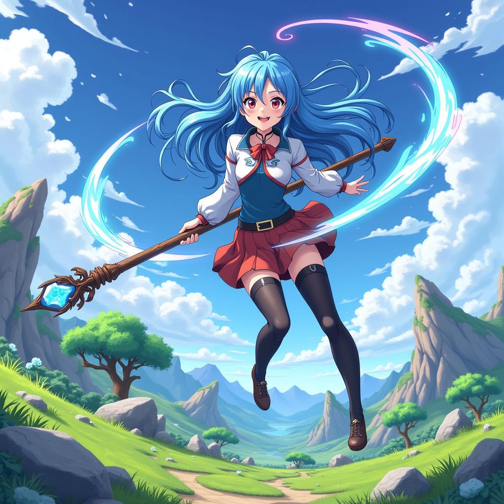 Action Pose of a Blue-Haired Anime Girl in Fan Art