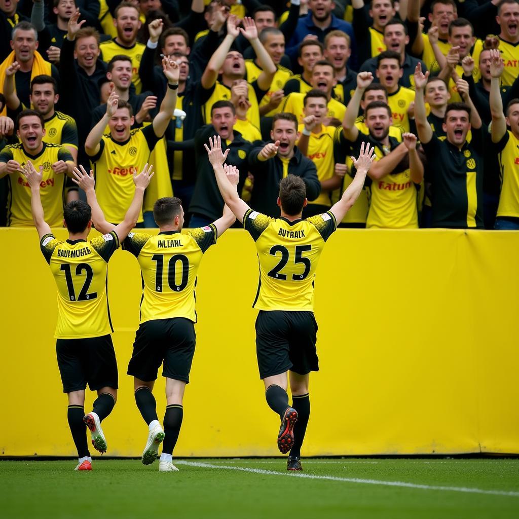 Borussia Dortmund Players Celebrating a Goal with Fans