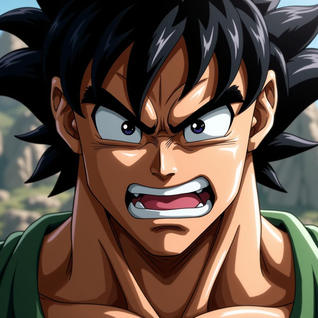 Close-up of Broly's face contorted in rage, his green aura radiating outward.  The detail in his muscles and the intensity in his eyes convey his immense power.