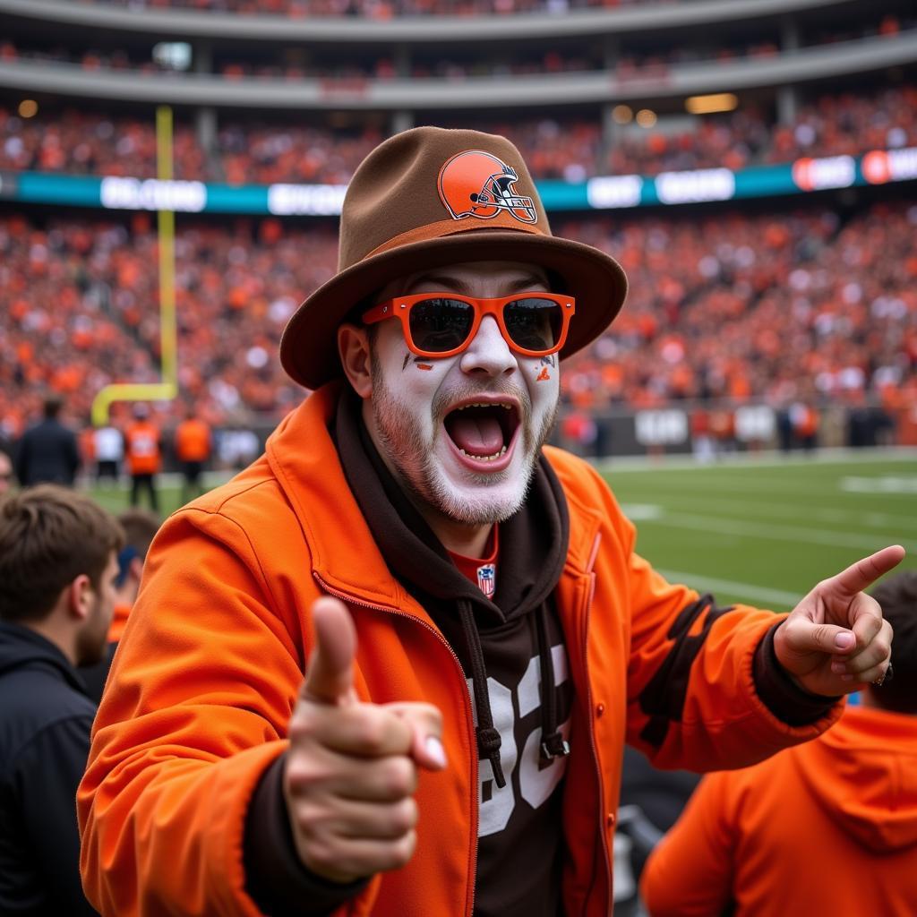 A Browns fan cheers enthusiastically at FirstEnergy Stadium.