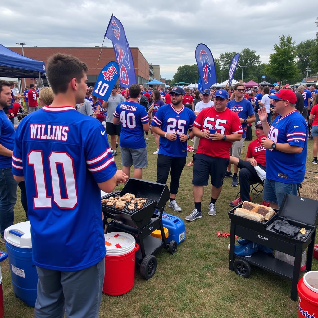 Buffalo Bills fans tailgating before a game, displaying a variety of Buffalo Bills fan logos on flags, signs, and apparel.