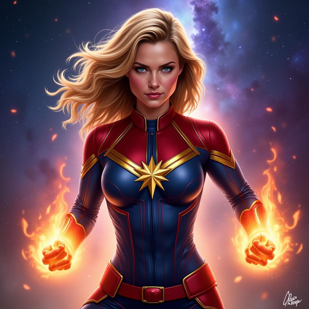 Captain Marvel radiating cosmic energy in a dynamic pose, surrounded by celestial effects.