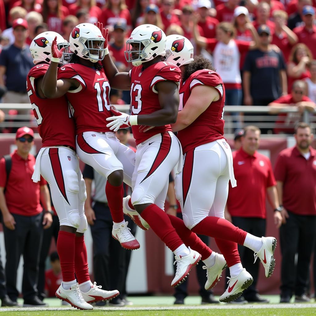 Cardinals fans celebrating a touchdown with excitement and joy.