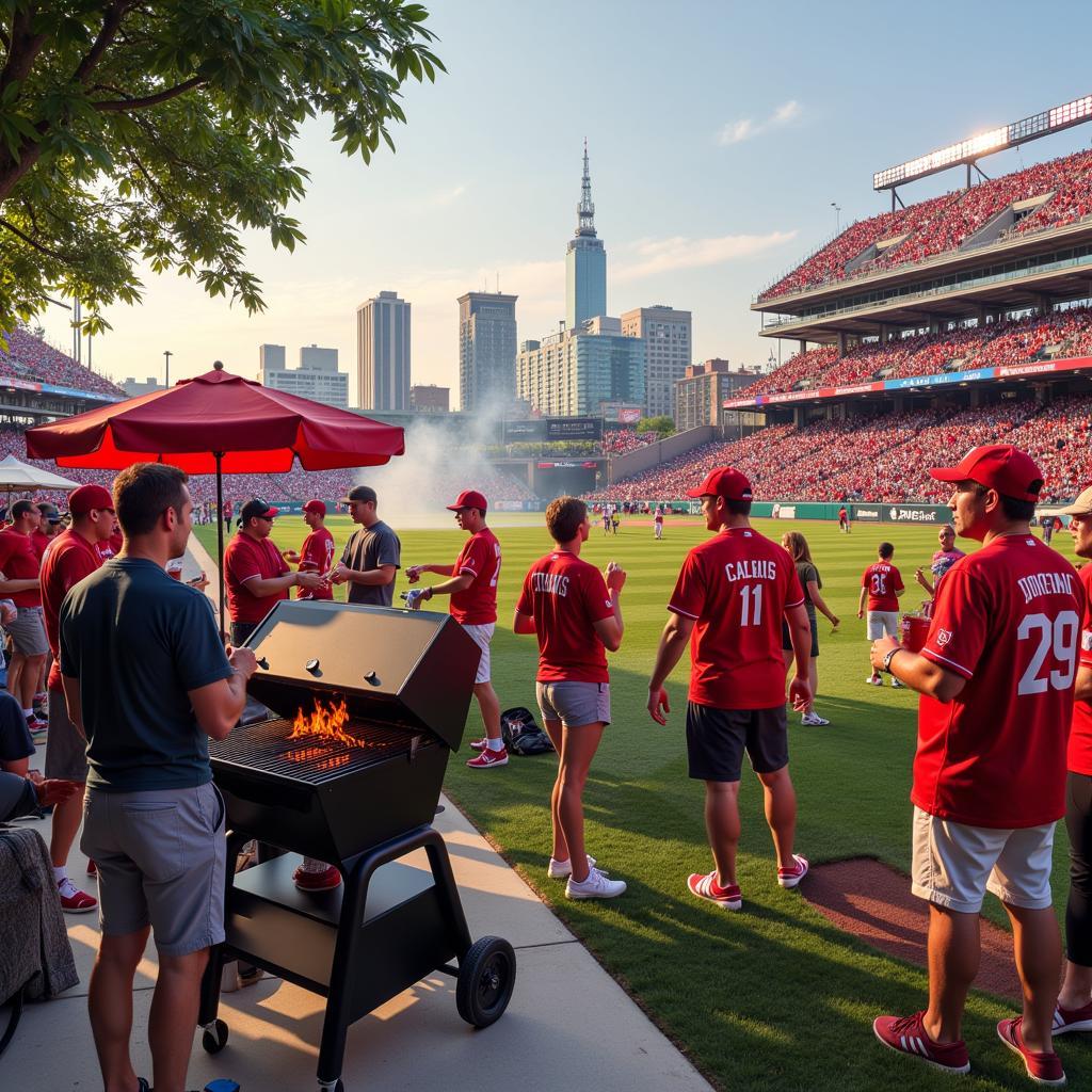 Cardinals fans tailgating before the game in the stadium parking lot.