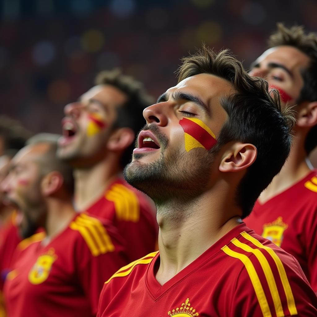 Casillas singing the Spanish national anthem with fans