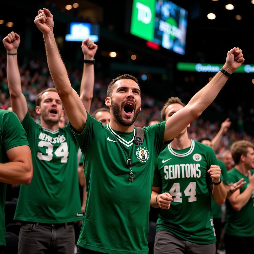 Celtics fans cheering at TD Garden after a win.