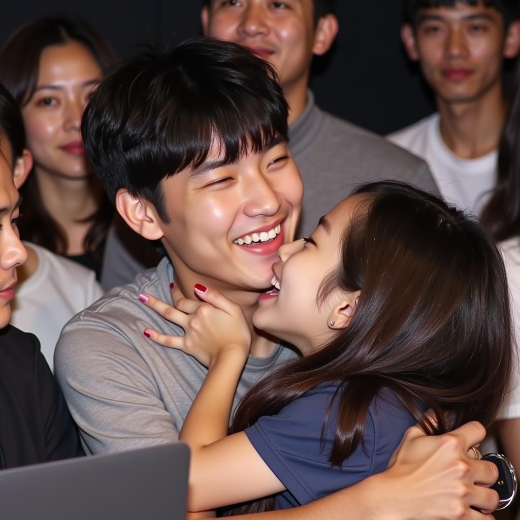 Cha Eunwoo hugs a lucky fan during a fanmeeting