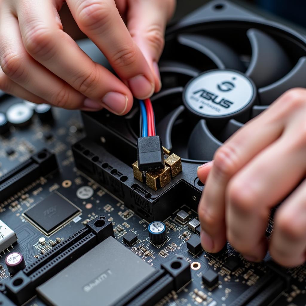 Technician checking the CPU fan connection on an ASUS motherboard