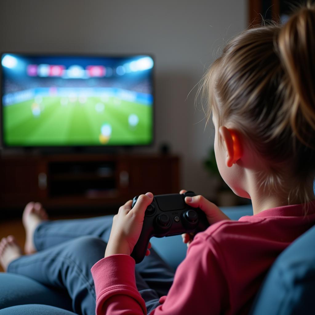 Child playing a football video game on a console