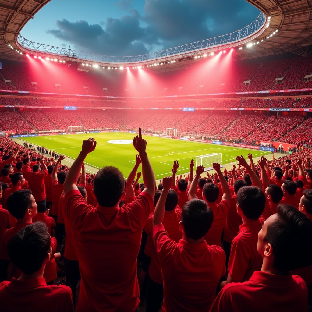 Chinese football fans cheering in a packed stadium