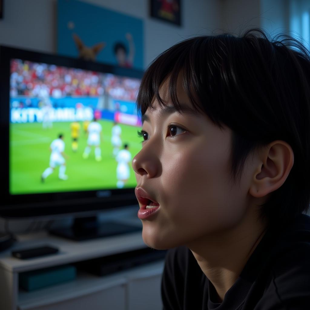 Chung-jui fan intently watching a football match