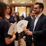 Church ushers distributing custom fans to the congregation