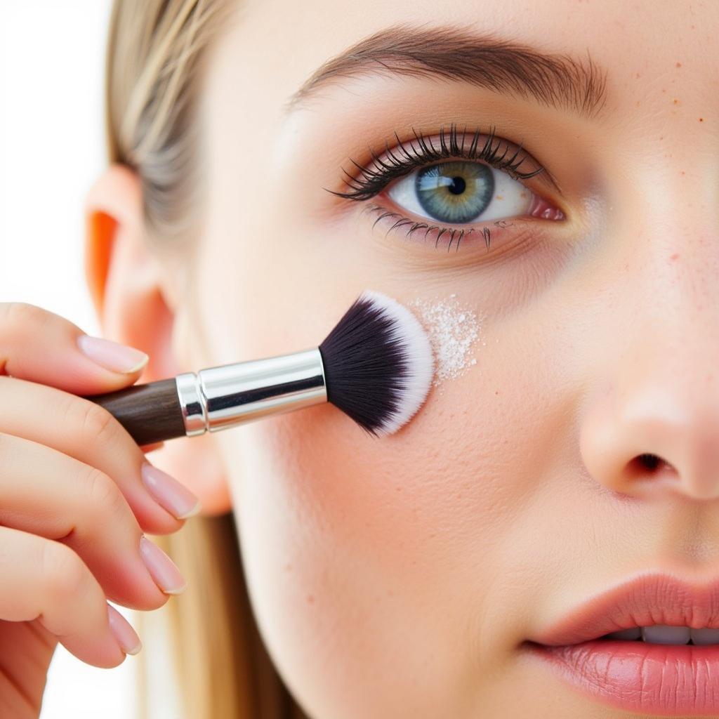 Cleaning excess powder under the eye with a deluxe fan brush