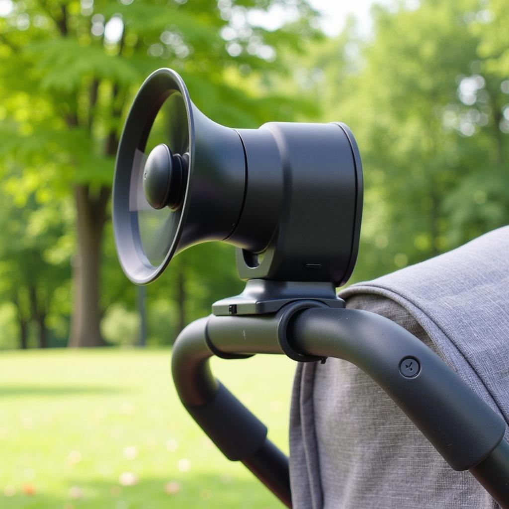 Clip-on stroller fan attached to a stroller handlebar