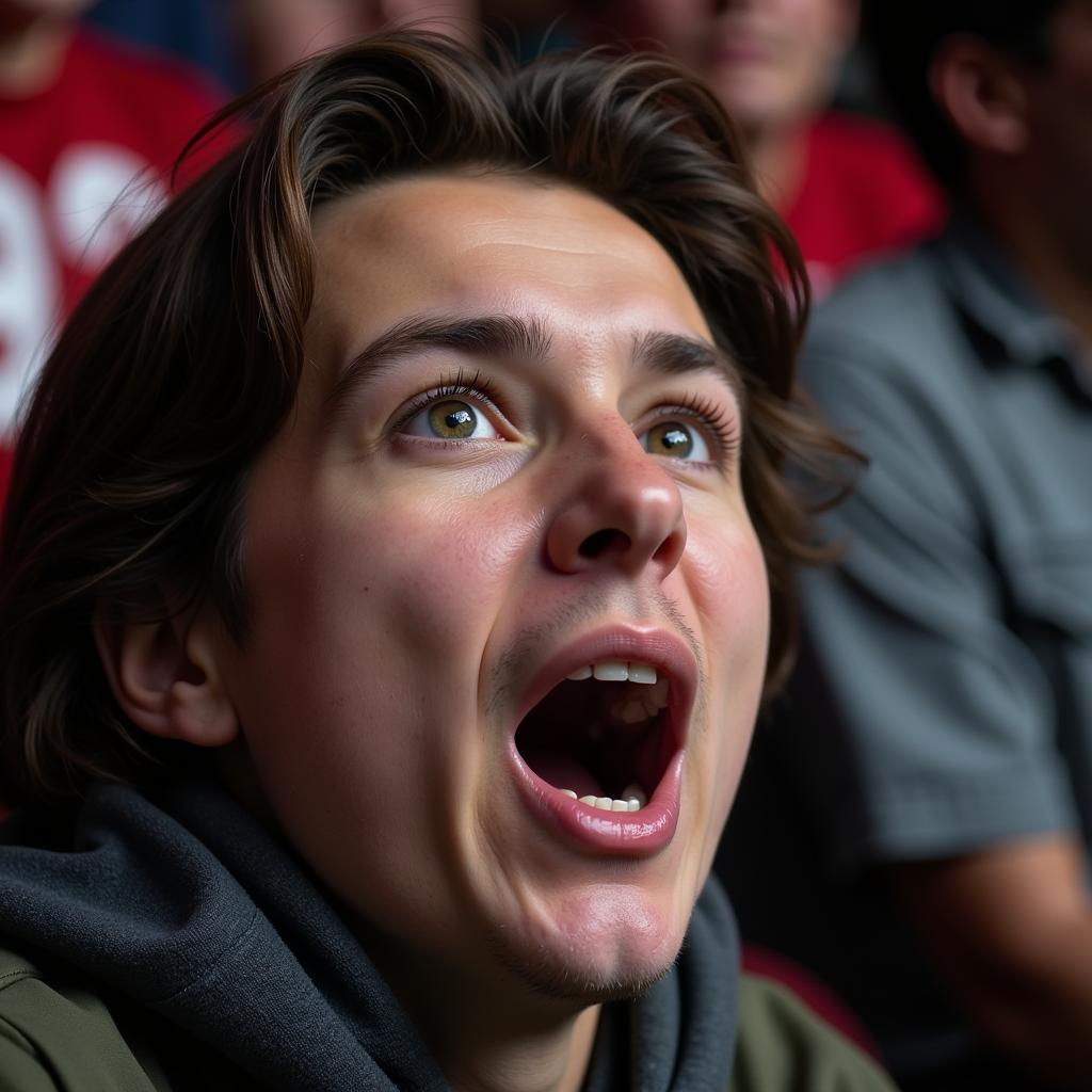 Close-up of a fan's emotional reaction to a game-changing moment